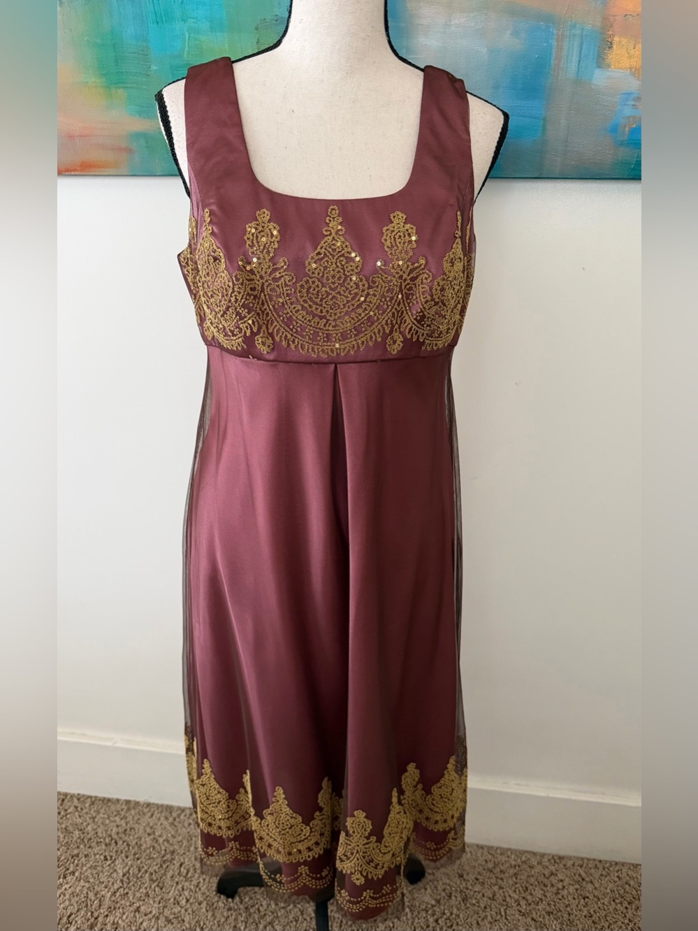 Vintage 90s Chadwicks NWT Mauve Pink Sleeveless Mesh Gold Embellishment Midi 8